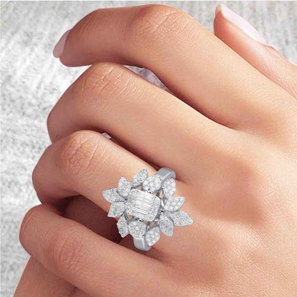 Modern TJD 1.25 Carat Round and Baguette Diamond 18 K White Gold Flowery Vintage Ring For Sale