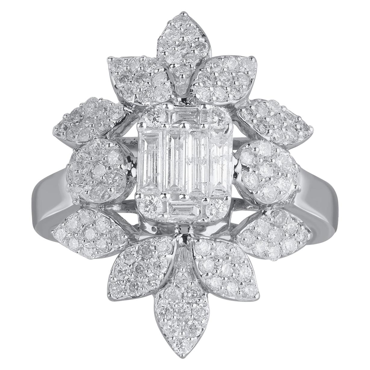 TJD 1.25 Carat Round and Baguette Diamond 18 K White Gold Flowery Vintage Ring For Sale