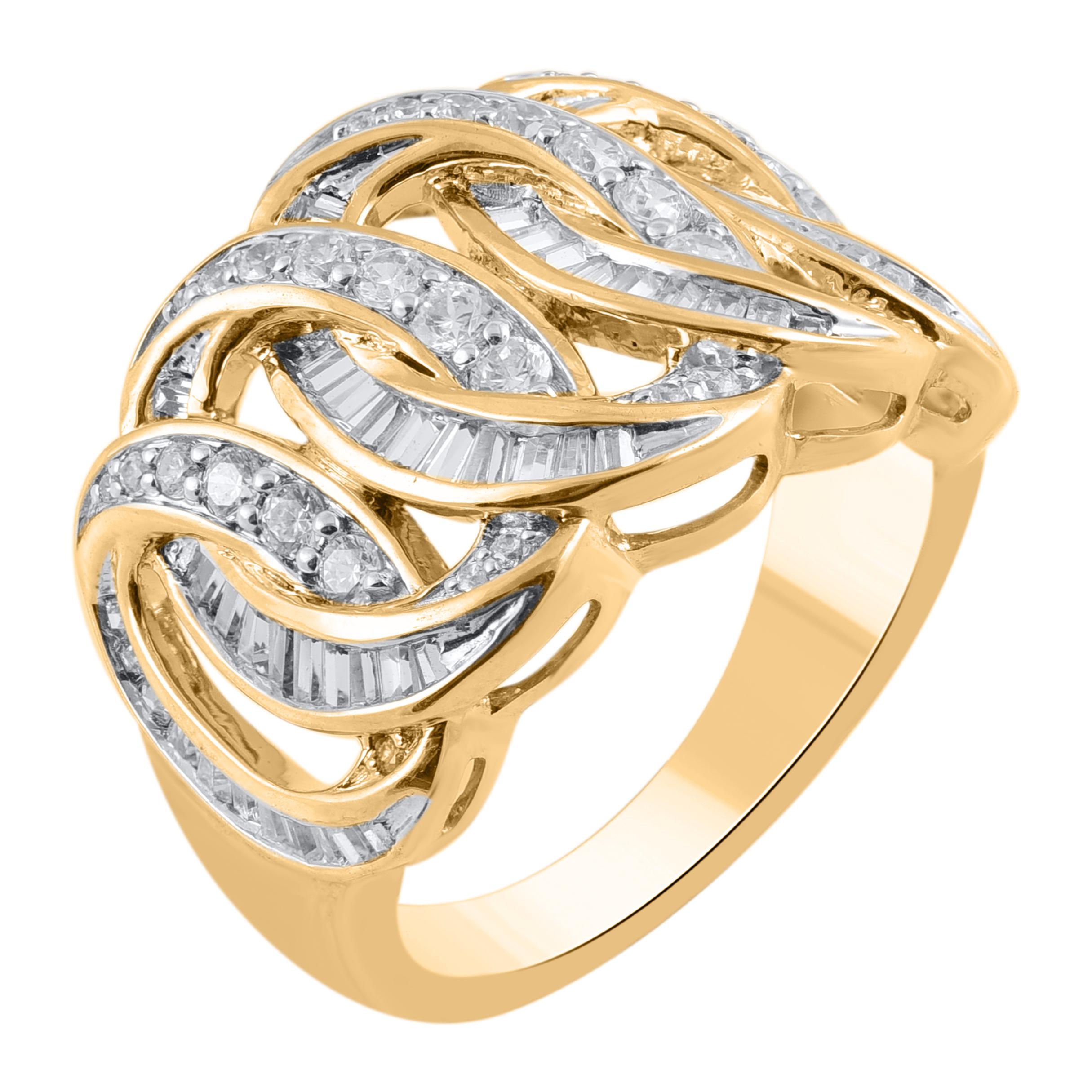 Bring charm to your look with this diamond Interlocking band Ring. This ring is beautifully crafted in 14 Karat yellow gold and embedded with 98 brilliant cut, single cut round diamonds & baguette diamonds in prong and channel setting. Total diamond