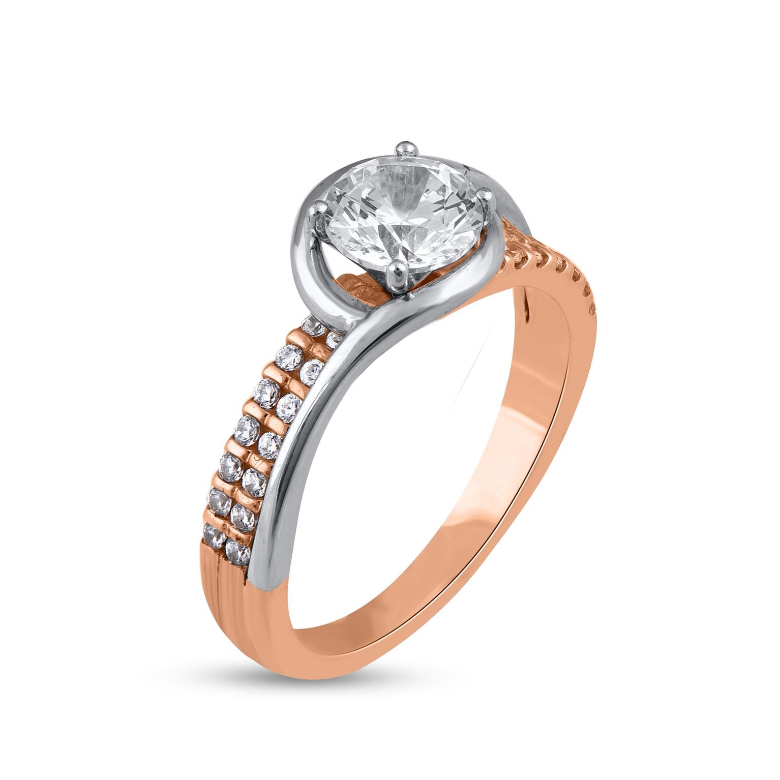 Contemporary TJD 1.25 Carat Natural Round Cut Diamond 14 Karat Two Tone Gold Bypass Ring For Sale