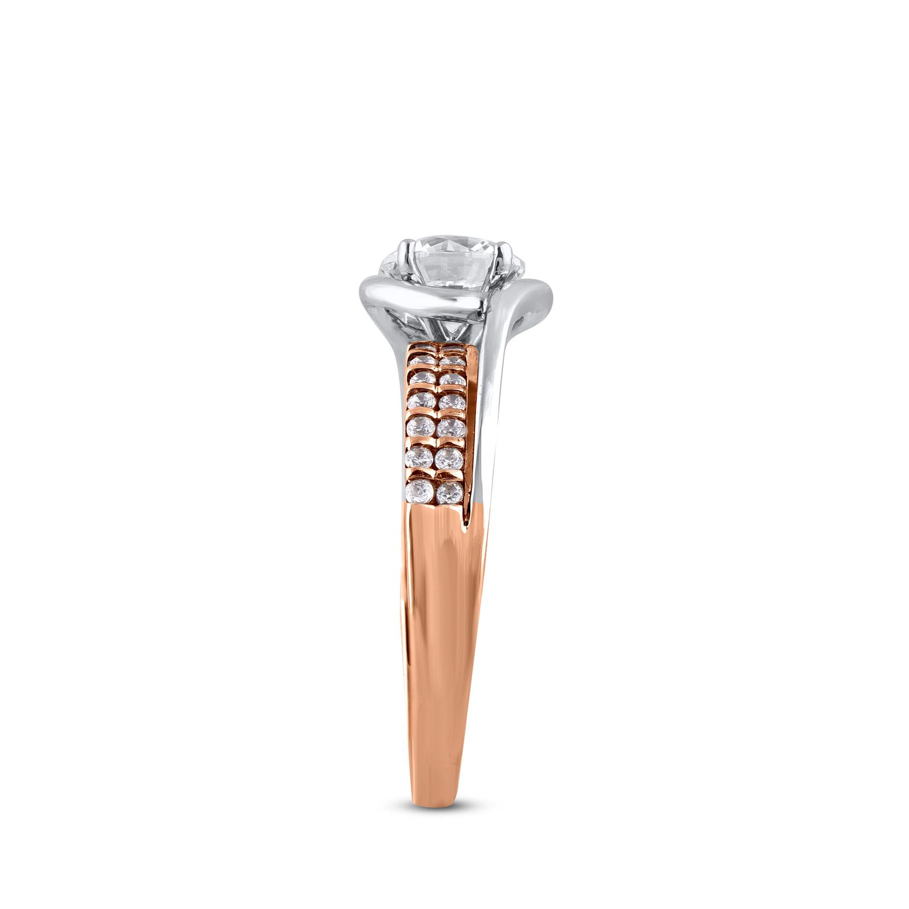 Brilliant Cut TJD 1.25 Carat Natural Round Cut Diamond 14 Karat Two Tone Gold Bypass Ring For Sale