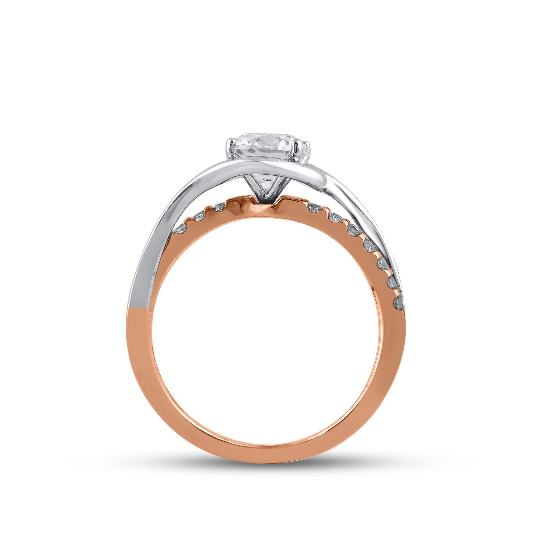 TJD 1.25 Carat Natural Round Cut Diamond 14 Karat Two Tone Gold Bypass Ring In New Condition For Sale In New York, NY