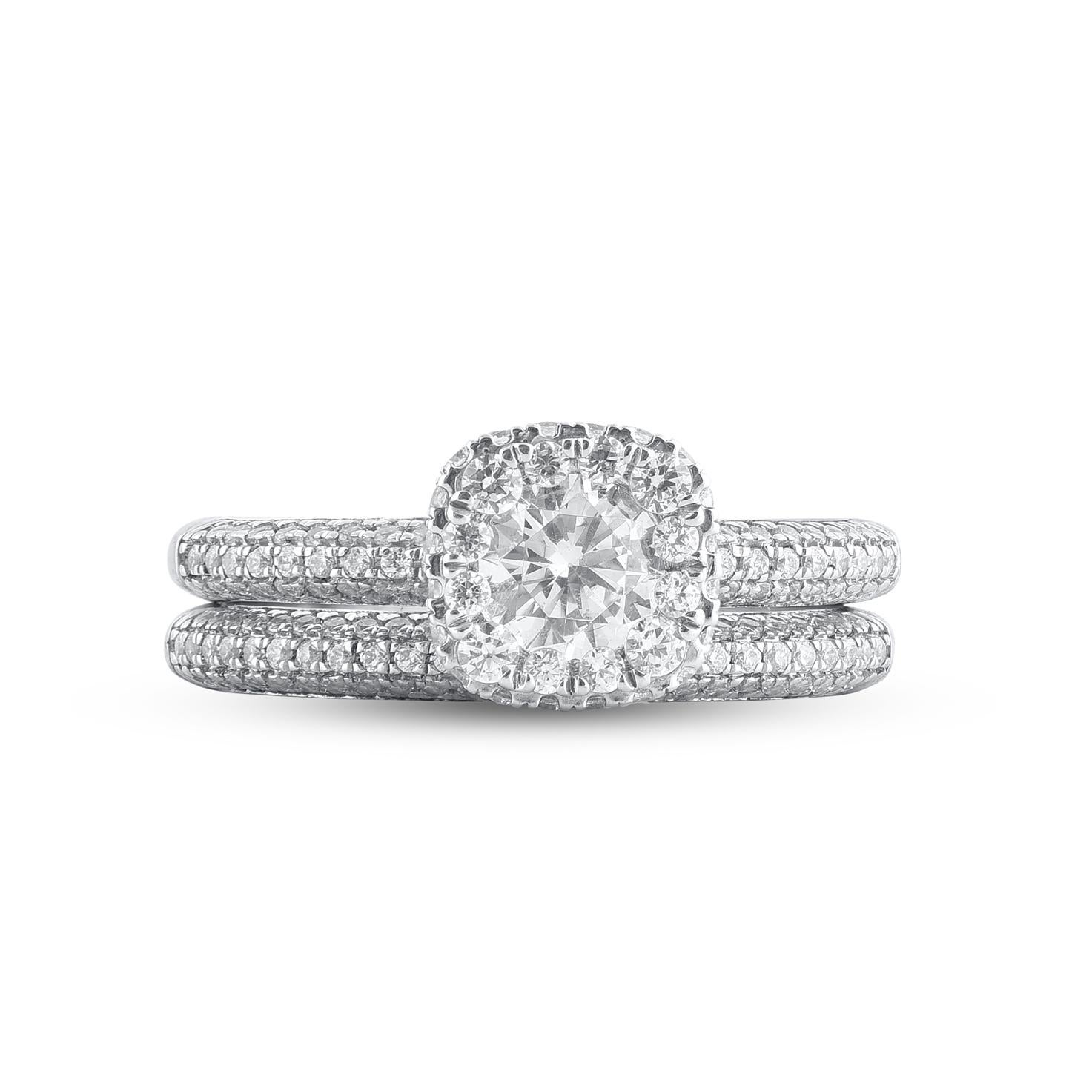 Esprimi il tuo amore per lei nel modo più classico con questa parure di anelli con diamanti. Realizzato in oro bianco 14 carati. Questa fede nuziale presenta uno scintillante diamante rotondo taglio brillante 172 e un diamante rotondo taglio singolo