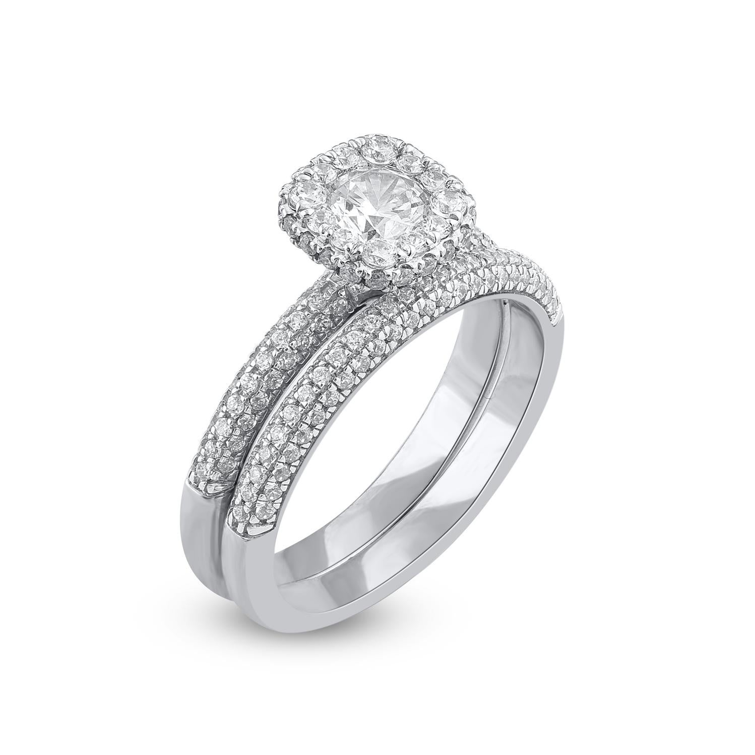 Contemporary TJD 1.25 Carat Natural Round Cut Diamond 14 Karat White Gold Bridal Ring Set For Sale