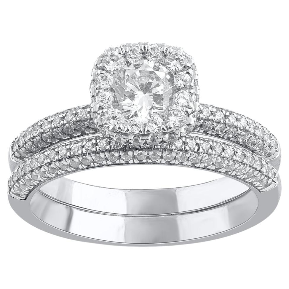 TJD 1.25 Carat Natural Round Cut Diamond 14 Karat White Gold Bridal Ring Set For Sale