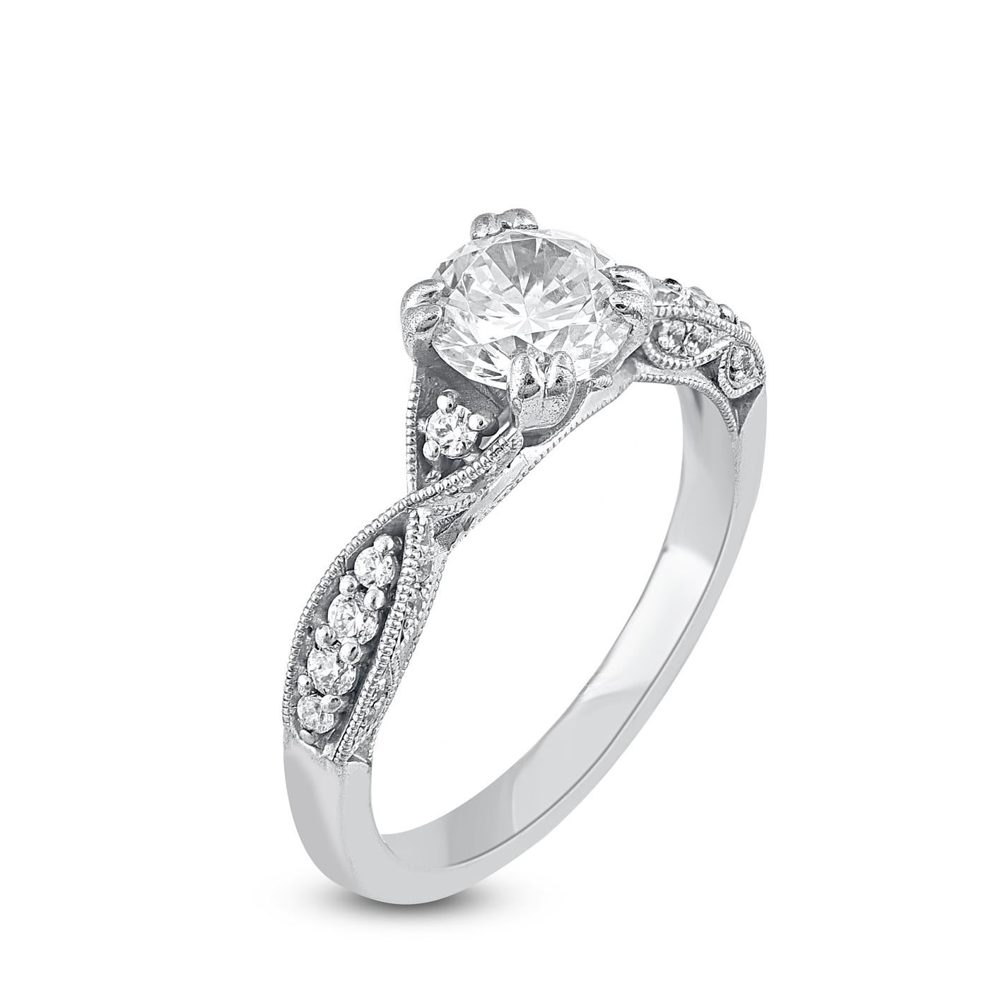 Contemporary TJD 1.25 Carat Natural Round Cut Diamond 14 Karat White Gold Wedding Ring For Sale