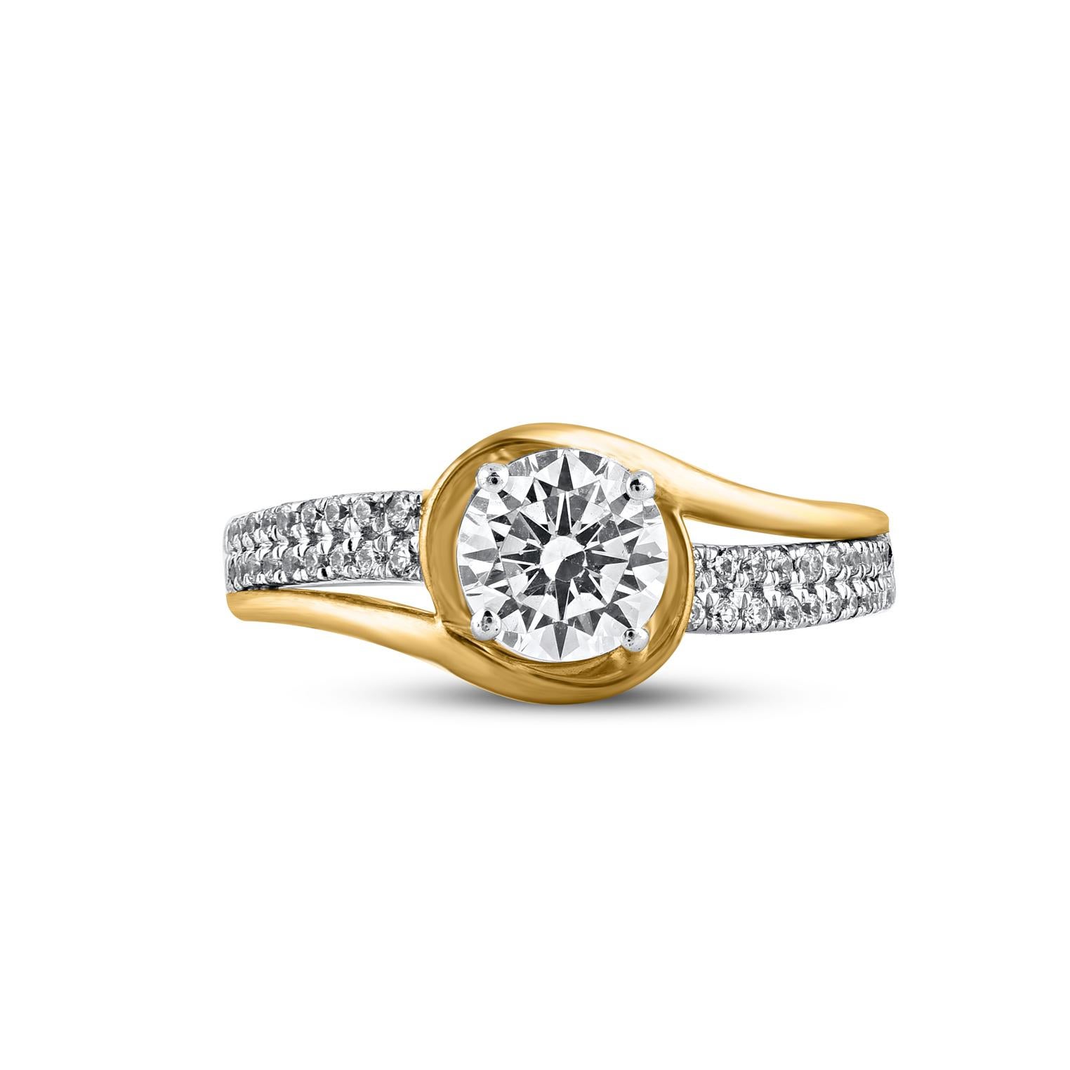 With style and shimmer, this diamond ring is perfect for any occasion. Beautifully crafted by our inhouse experts in 14 karat two tone gold and embellished with 45 brilliant cut and single cut round diamonds set in prong and pave setting. Total