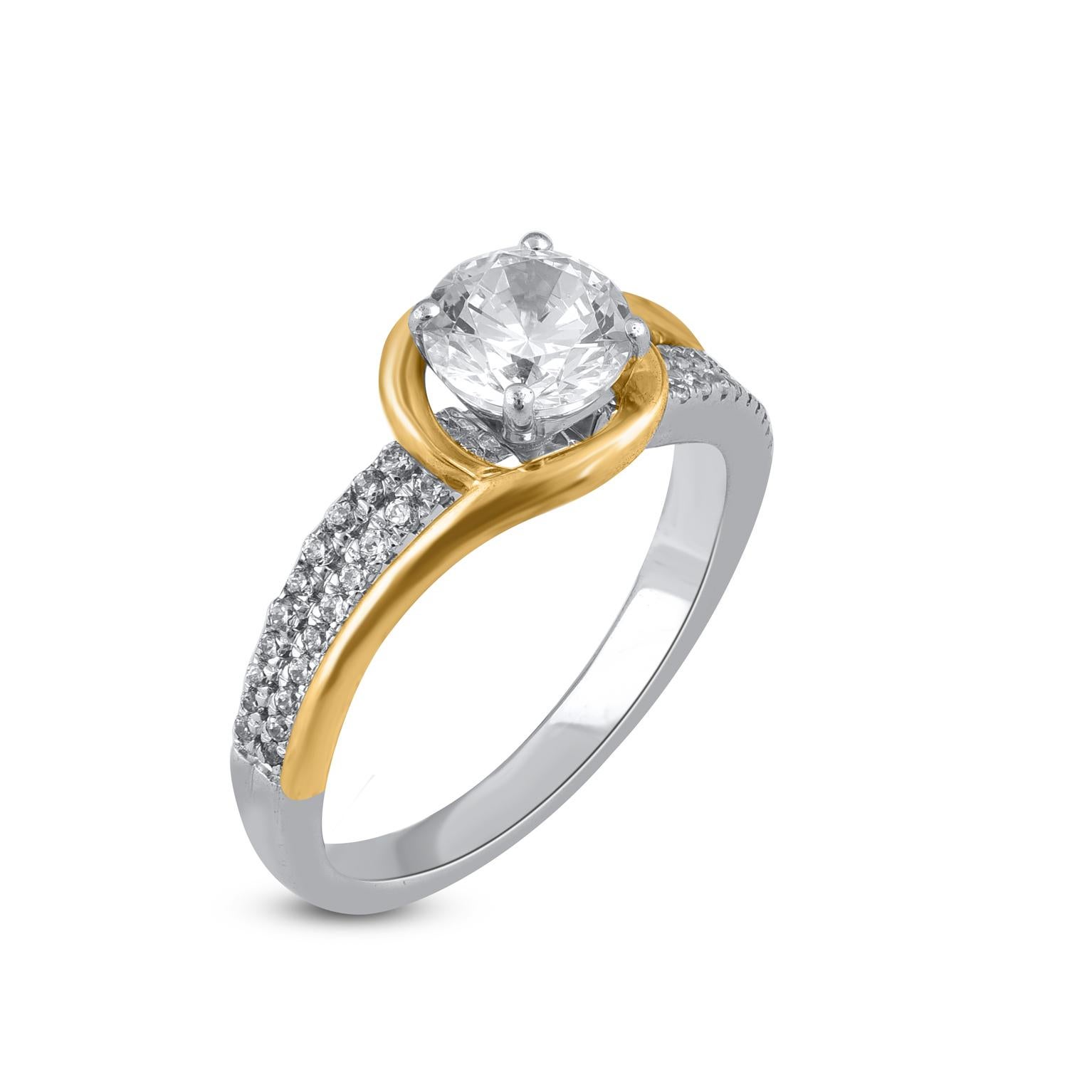 Contemporary TJD 1.25 Carat Natural Round Cut Diamond 14KT Two Tone Gold Bypass Ring For Sale