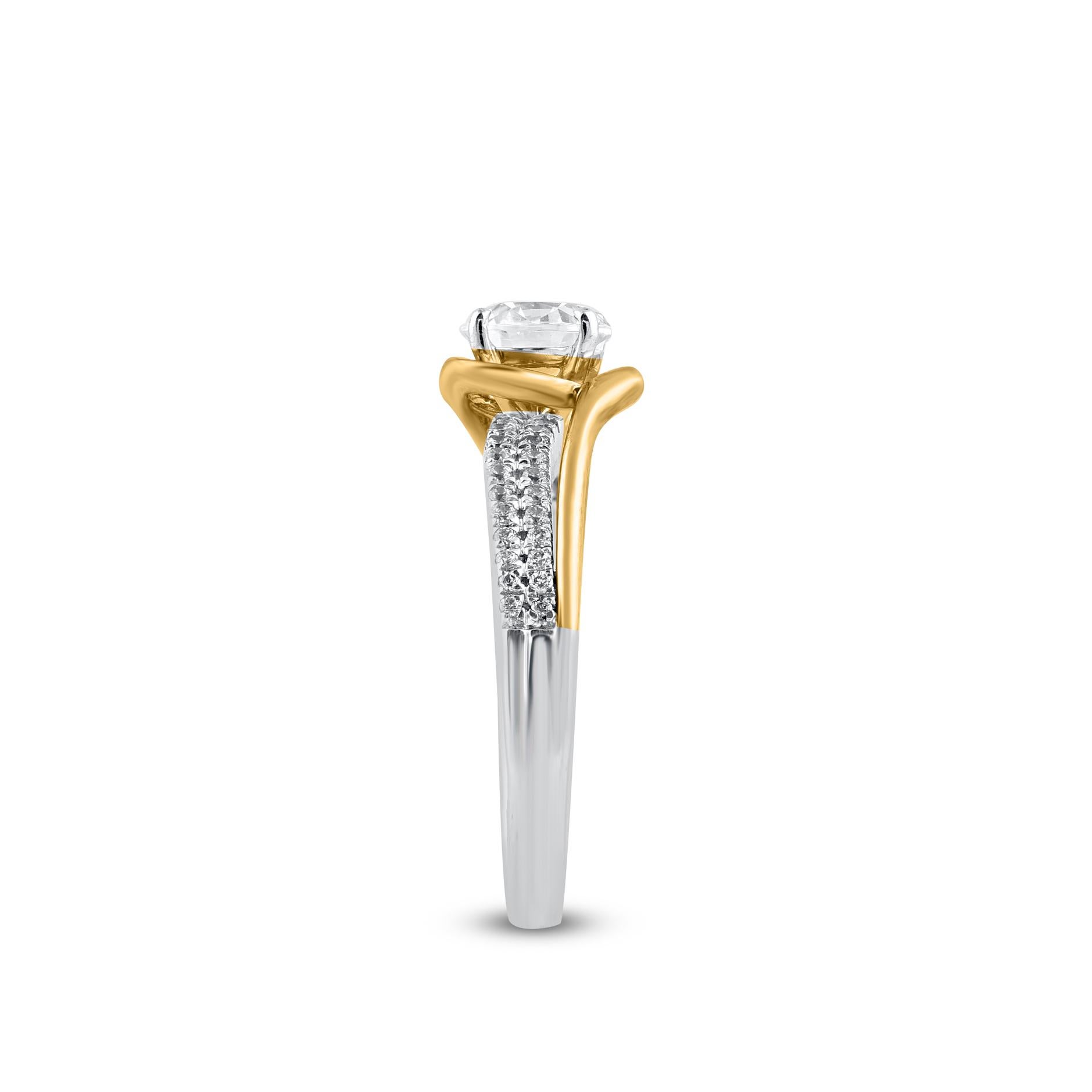 TJD 1.25 Carat Natural Round Cut Diamond 14KT Two Tone Gold Bypass Ring In New Condition For Sale In New York, NY