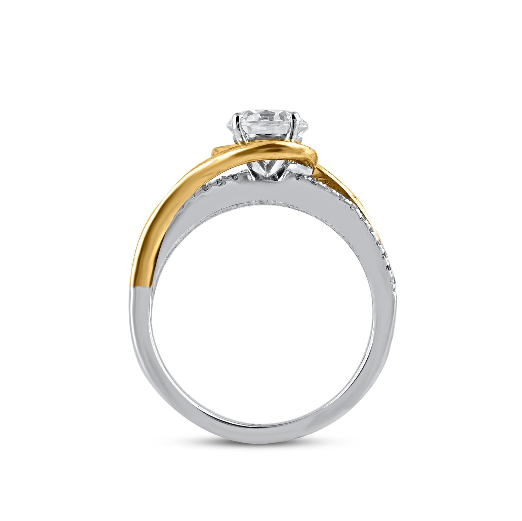 Women's TJD 1.25 Carat Natural Round Cut Diamond 14KT Two Tone Gold Bypass Ring For Sale