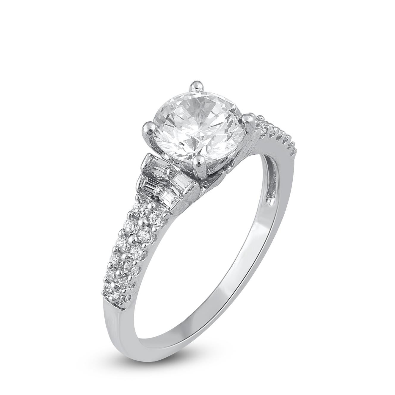 Contemporary TJD 1.25 Carat Round & Baguette Cut Diamond 14 Karat White Gold Engagement Ring For Sale
