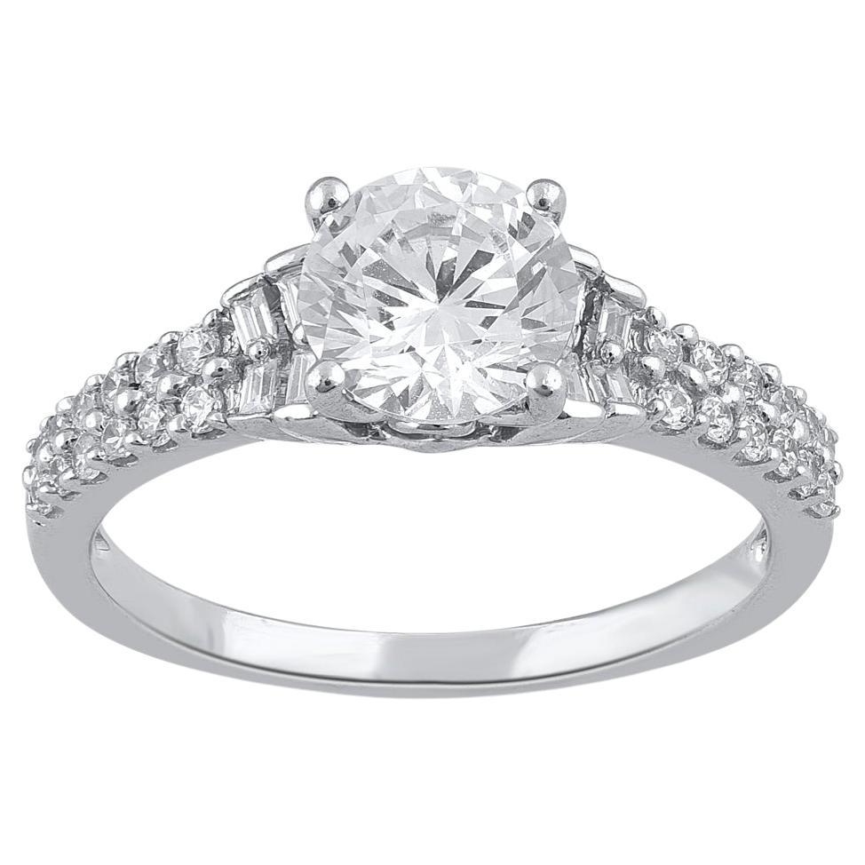 TJD 1.25 Carat Round & Baguette Cut Diamond 14 Karat White Gold Engagement Ring For Sale