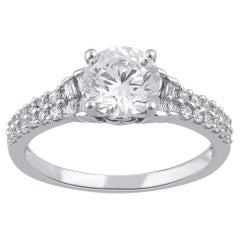 TJD 1.25 Carat Round & Baguette Cut Diamond 14 Karat White Gold Engagement Ring