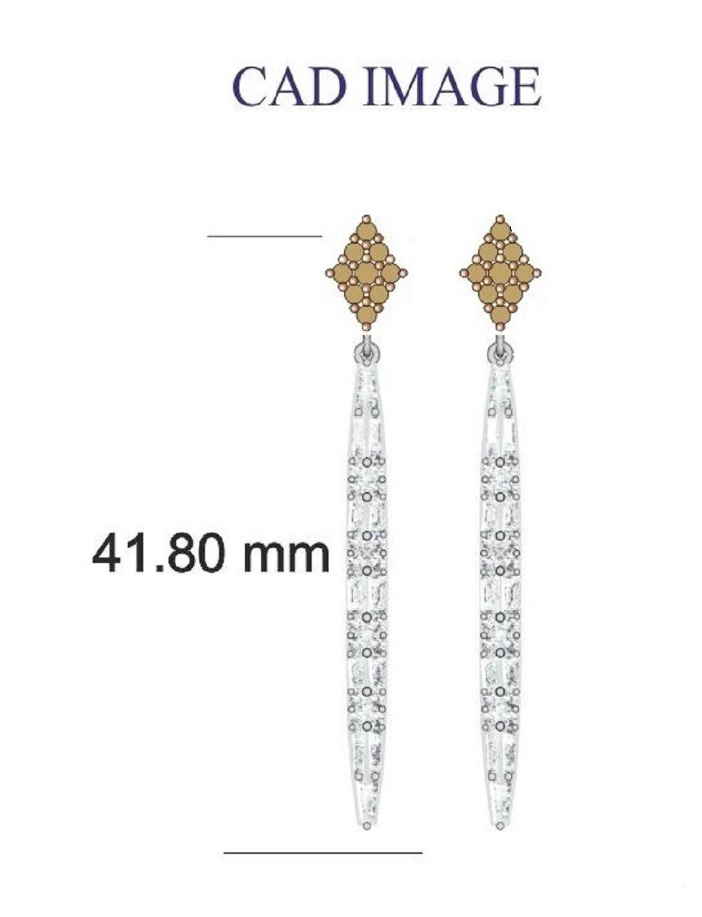 These exquisite design diamond drop dangle earrings offer beauty equaled only to her own.These earrings feature 58 round and 24 baguette-cut diamond set in pressure, channel and prong setting and fashioned in 14 Karat White Gold. These timeless