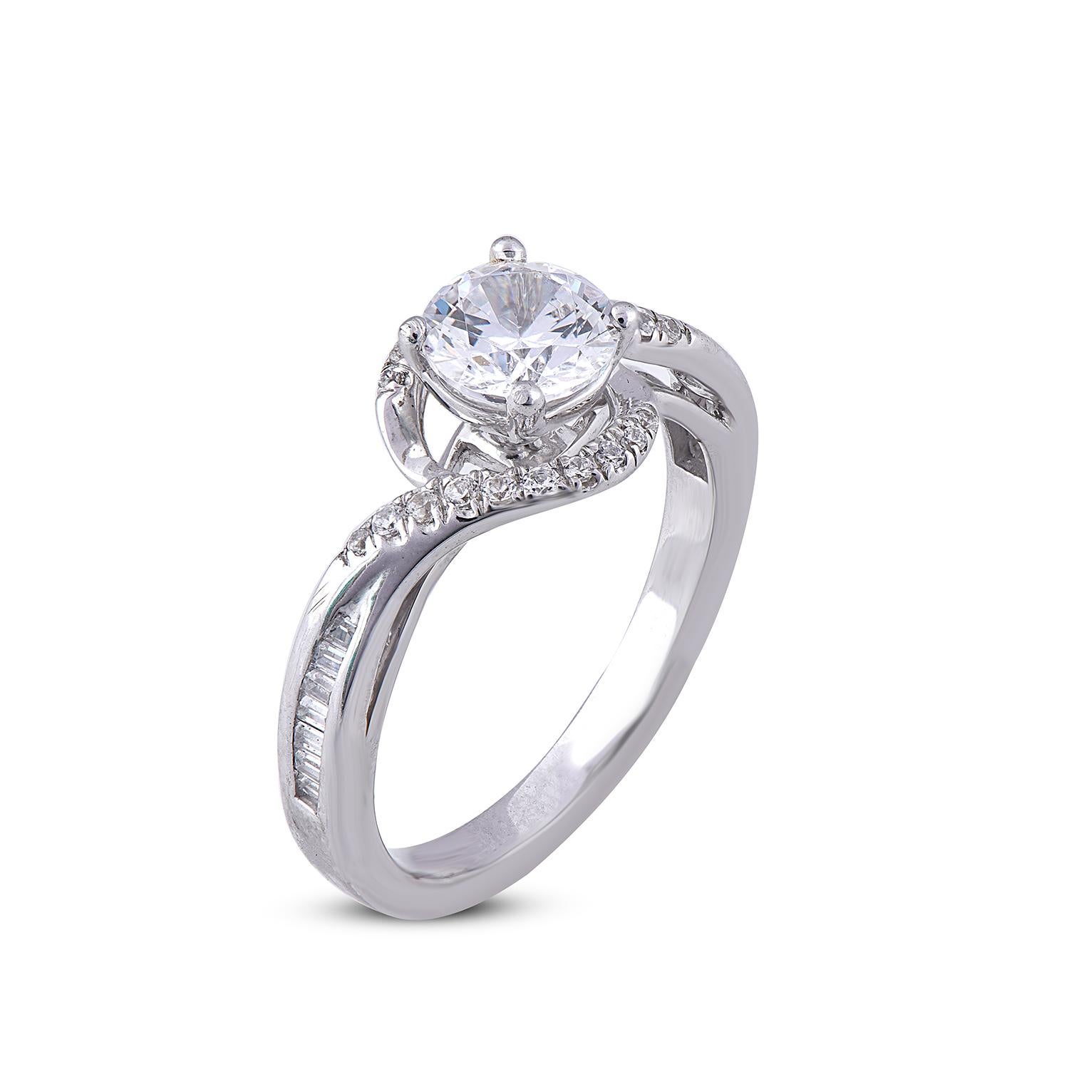 Modernist TJD 1.25 Carat Round & Baguette Diamond 14KT Gold Entangled Engagement Ring For Sale