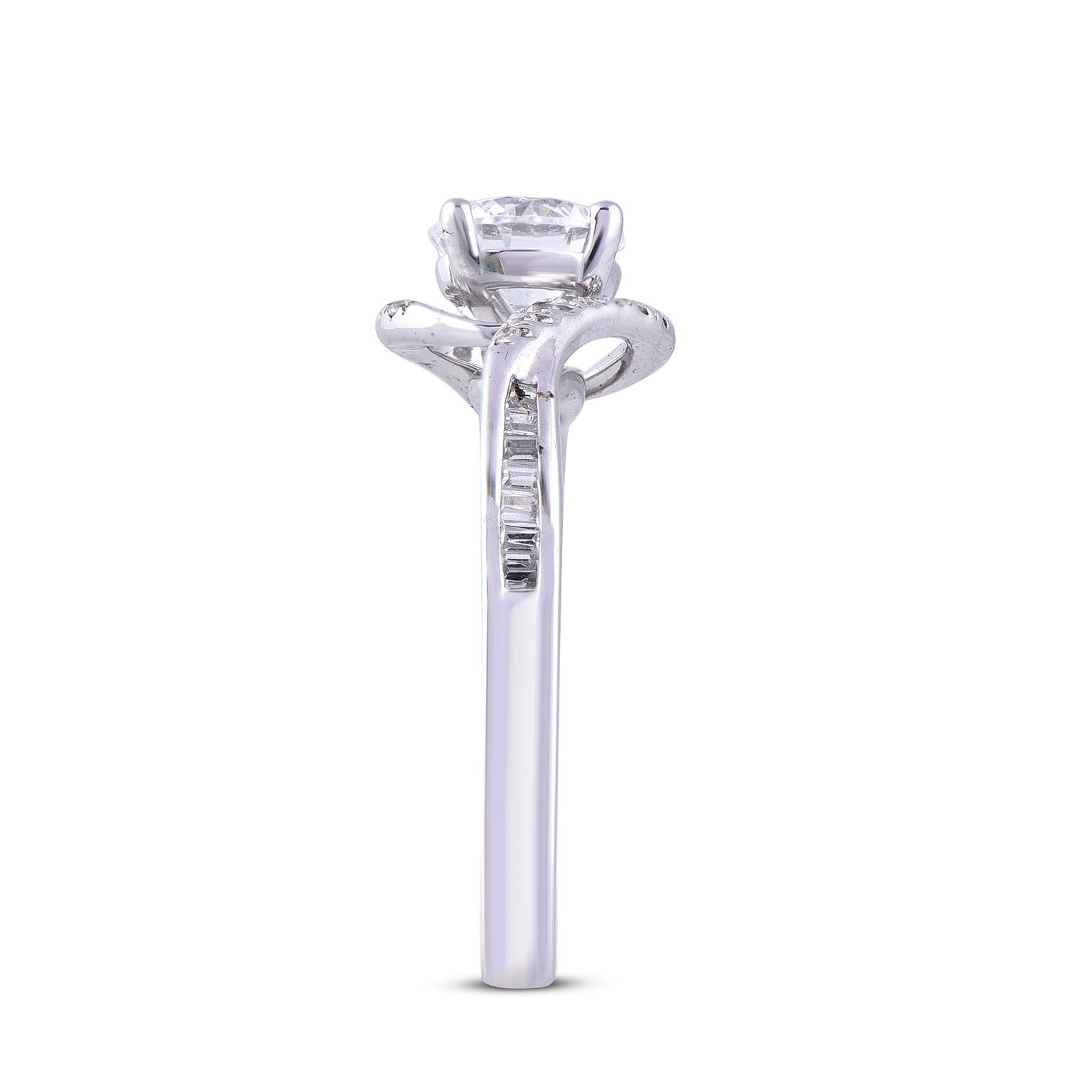 Mixed Cut TJD 1.25 Carat Round & Baguette Diamond 14KT Gold Entangled Engagement Ring For Sale
