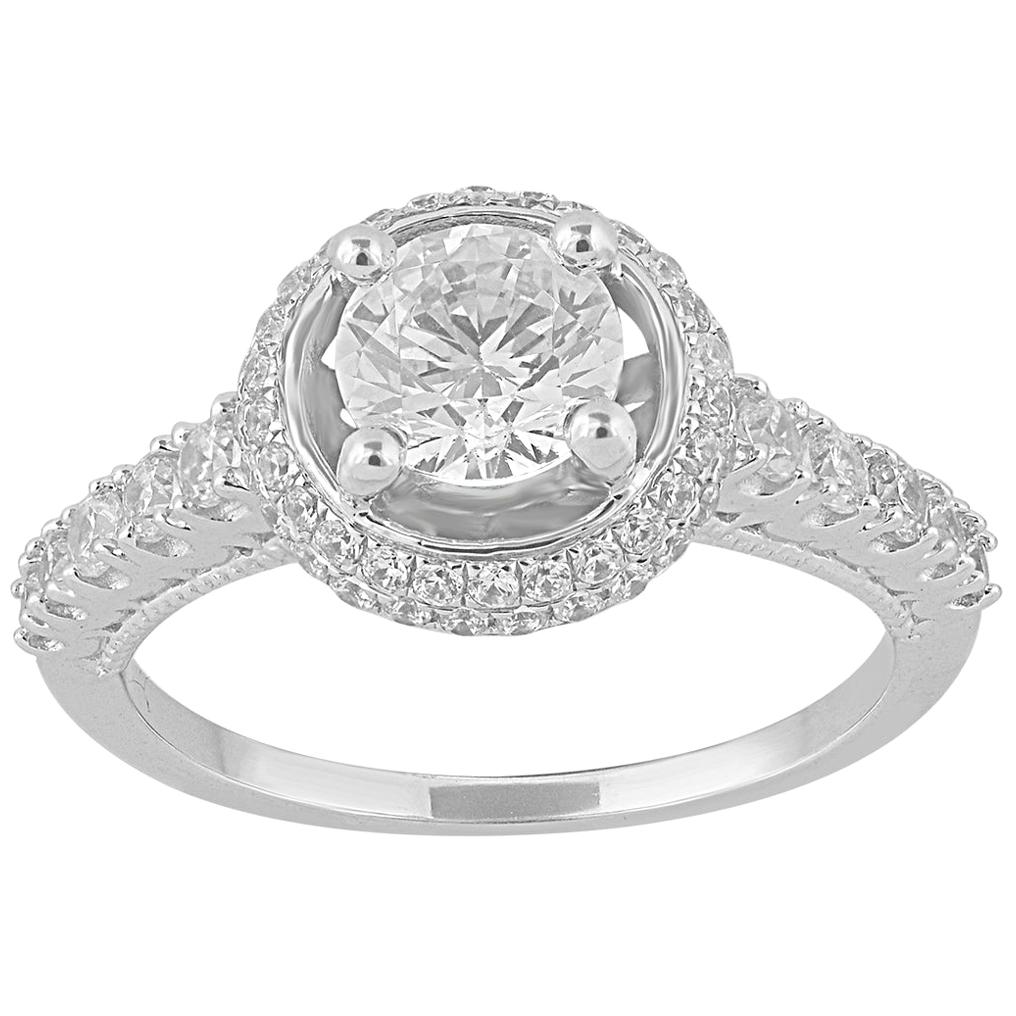 TJD 1.25 Carat Round Diamond 18 Karat White Gold Halo Fashion Engagement Ring
