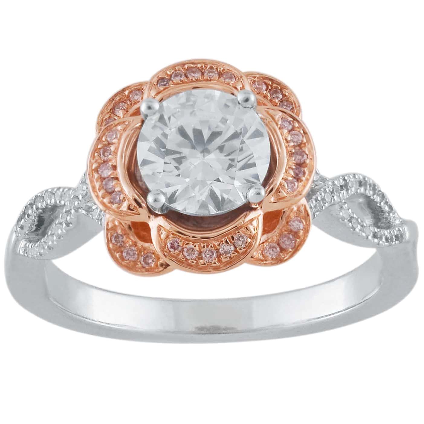 TJD 1.25Ct Nat. Pink Rosé/White Diamond 18K 2-Tone Twisted Shank Engagement Ring