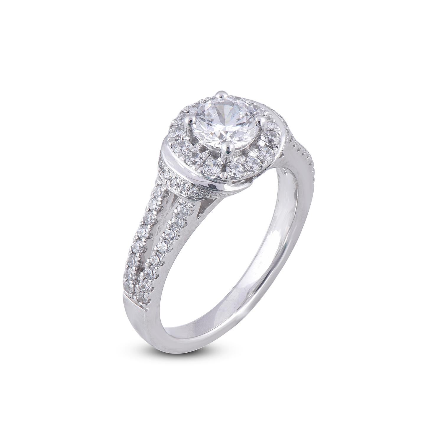 Ask her to be yours with this dazzling bridal halo ring which adds a touch to sophistication to your style with this 18 Karat White Gold. This ring features 0.75 ct of center stone and 0.50 ct of frame and shank total 61 Round White Diamonds set in