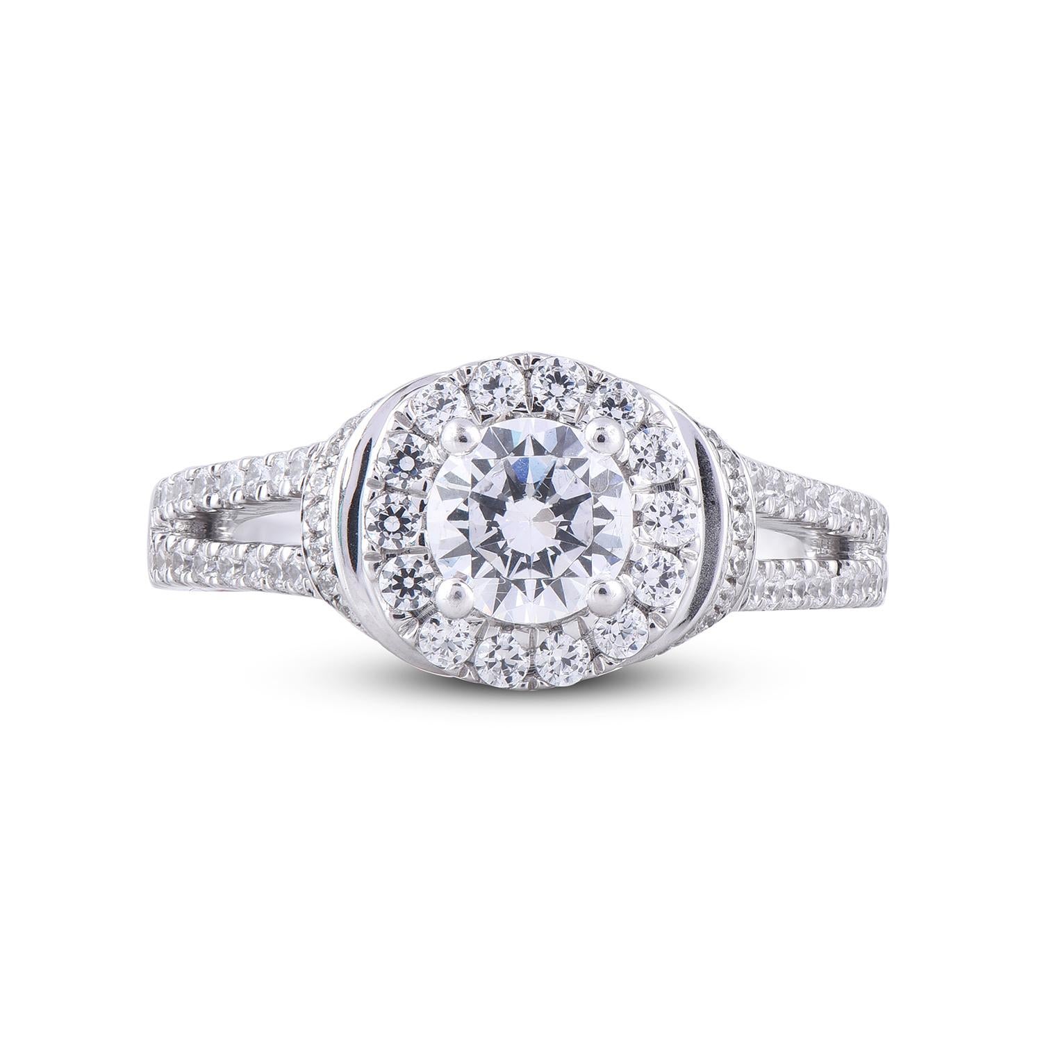 Art Deco TJD 1.25 Carat Round Diamond 18 Karat White Gold Bridal Halo Engagement Ring For Sale
