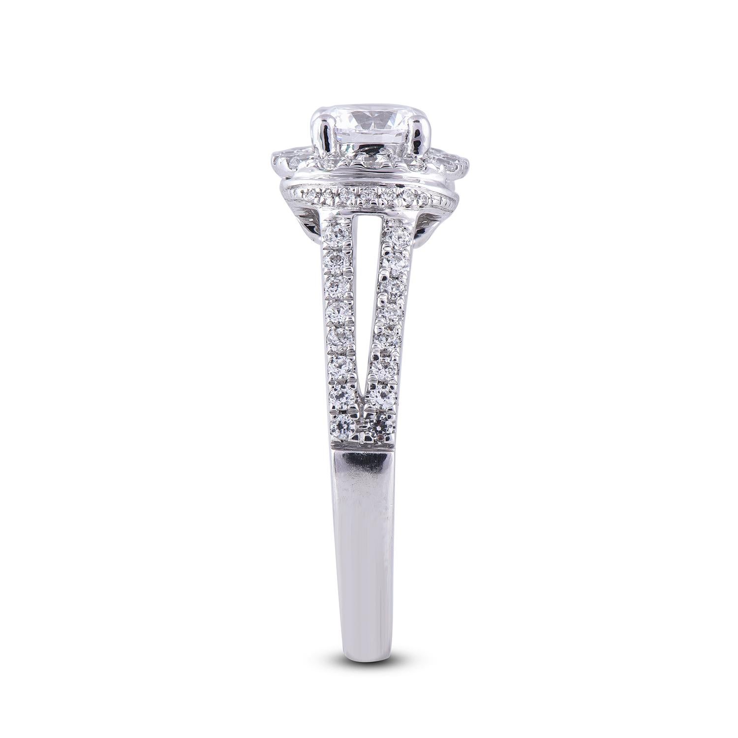 Round Cut TJD 1.25 Carat Round Diamond 18 Karat White Gold Bridal Halo Engagement Ring For Sale