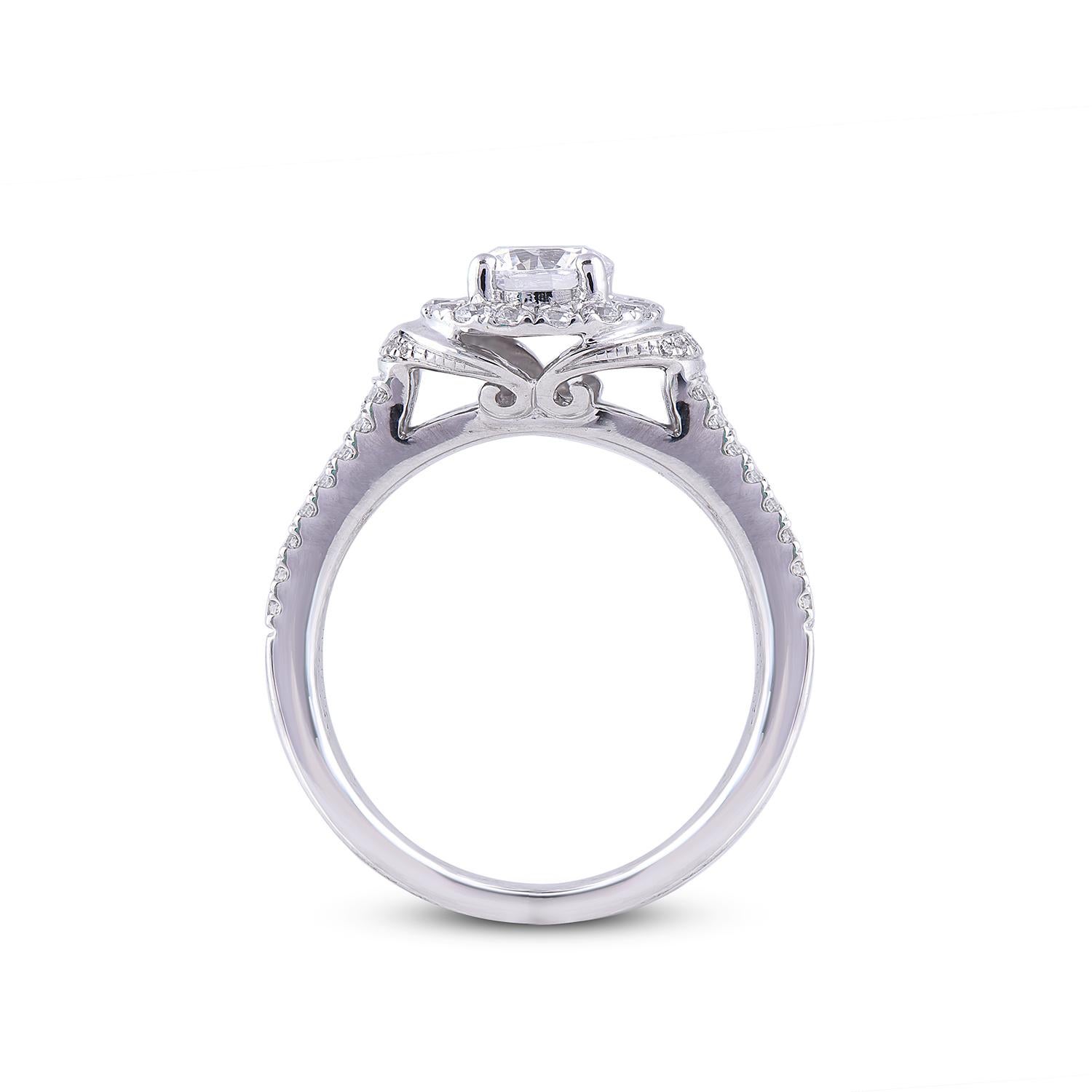 TJD 1.25 Carat Round Diamond 18 Karat White Gold Bridal Halo Engagement Ring In New Condition For Sale In New York, NY