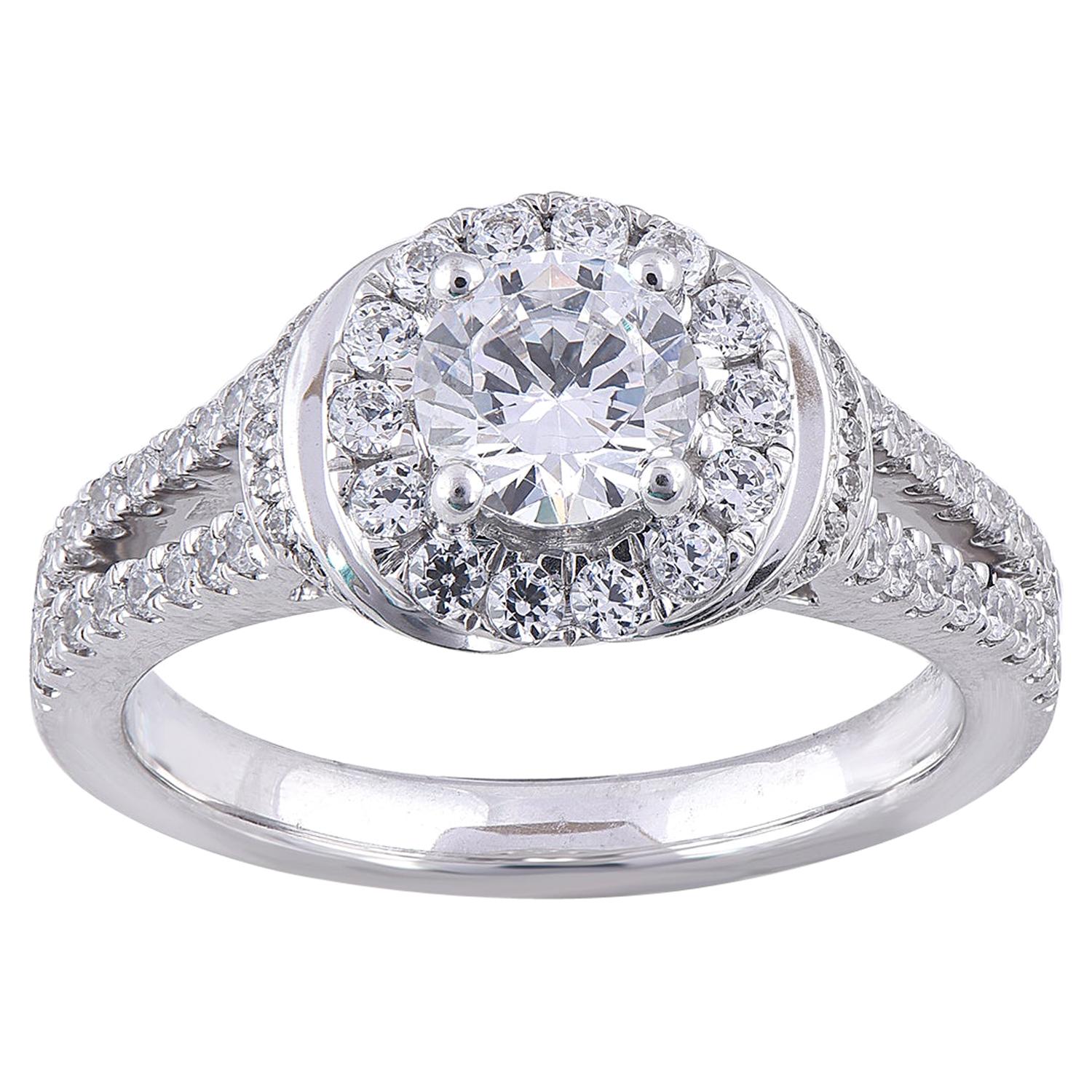TJD 1.25 Carat Round Diamond 18 Karat White Gold Bridal Halo Engagement Ring