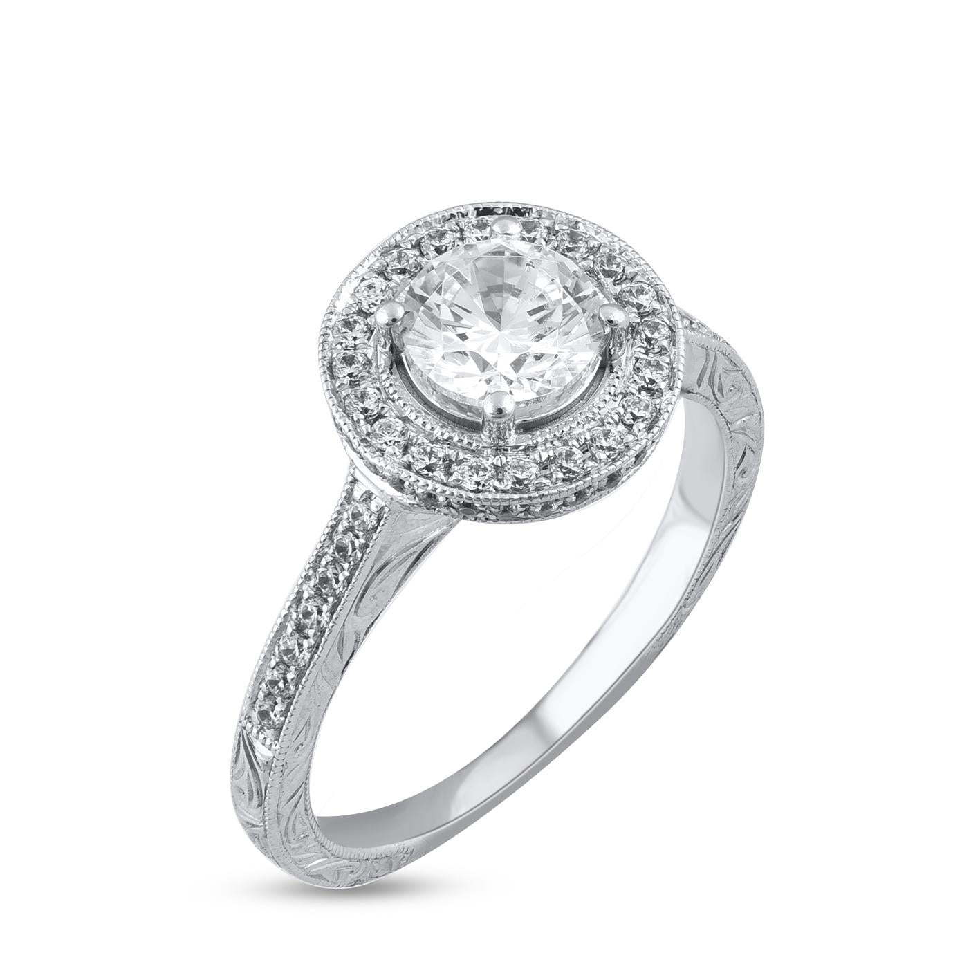 Make that special moment magical with the exquisite diamond bridal ring band. Hand crafted by our inhouse experts in 18 karat White gold, the engagement band ring features 0.84 ct of Centre stone and 0.41 ct of shank small accented diamond set in