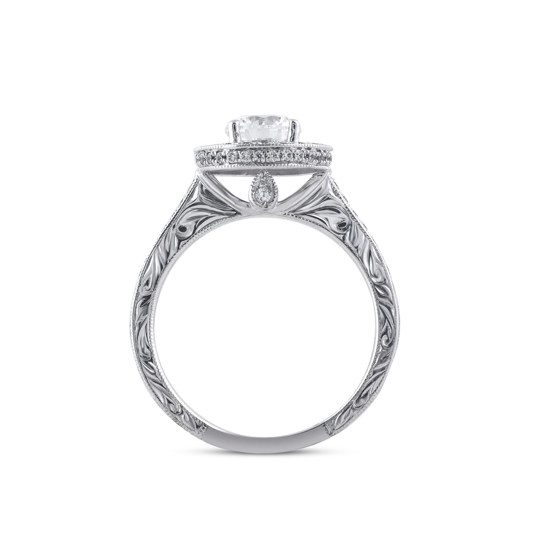 Contemporary TJD 1.25 Carat Round Natural Diamond 18 Karat White Gold Engagement Bridal Ring For Sale