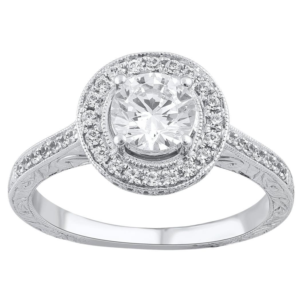 Bague de fiançailles de mariage en or blanc 18 carats avec diamant naturel rond de 1,25 carat TJD