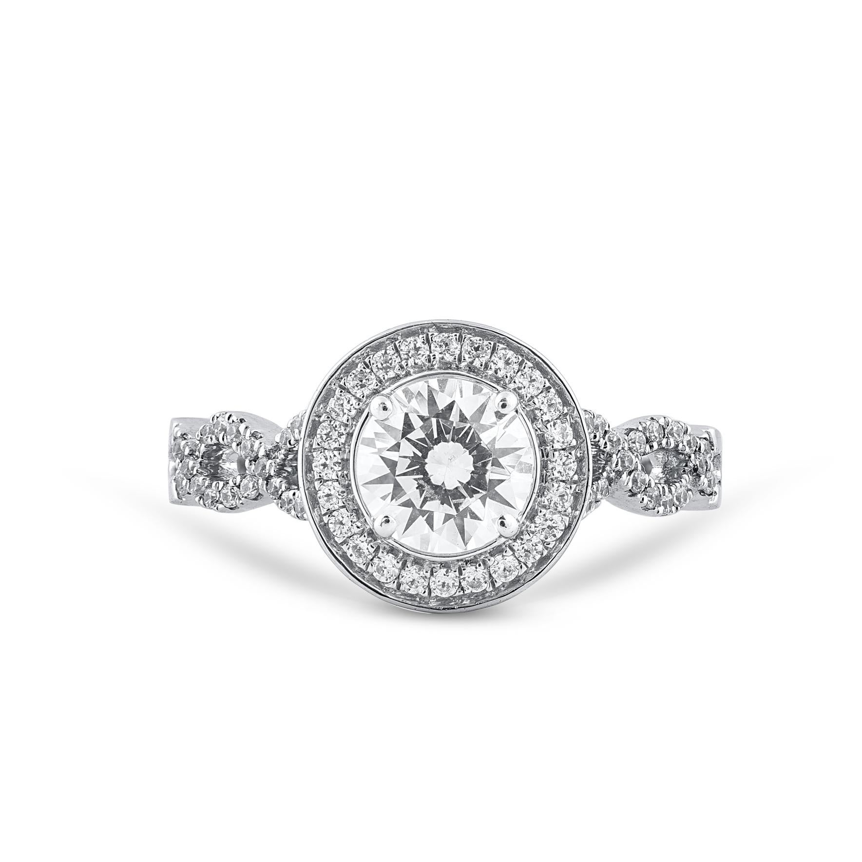 Un classico senza sforzo, questo anello di fidanzamento con diamante è un bellissimo simbolo del tuo affetto. Questo anello di fidanzamento presenta una pietra centrale da 1,00 carati e diamanti da 0,25 carati allineati sulla montatura e sul gambo