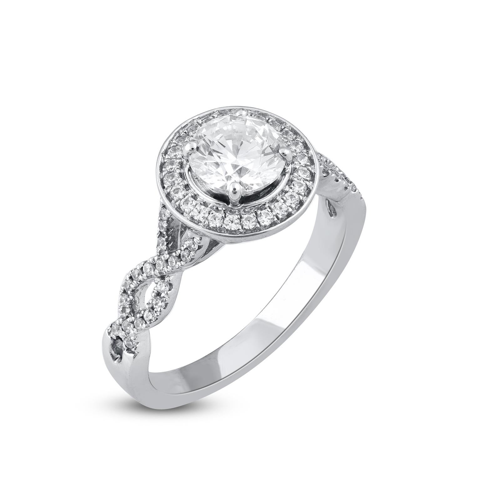 Contemporaneo Anello da sposa TJD con diamante rotondo da 1,25 carati in oro bianco 18 carati con gambo ritorto e aureola in vendita