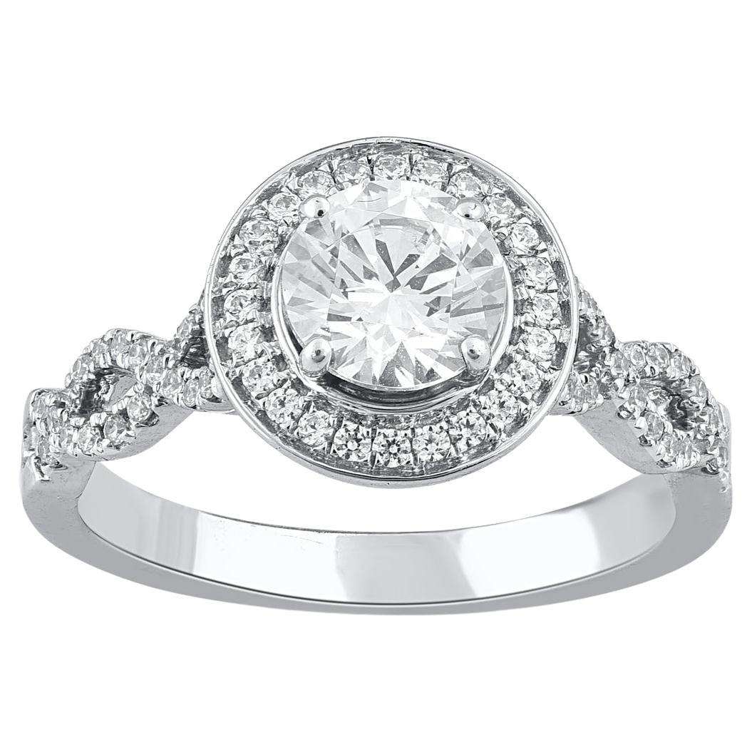 TJD 1.25 Carat Round Diamond 18 Karat White Gold Halo Twisted Shank Bridal Ring For Sale