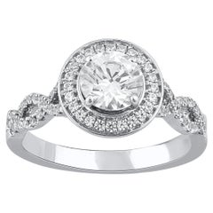 TJD 1.25 Carat Round Diamond 18 Karat White Gold Halo Twisted Shank Bridal Ring