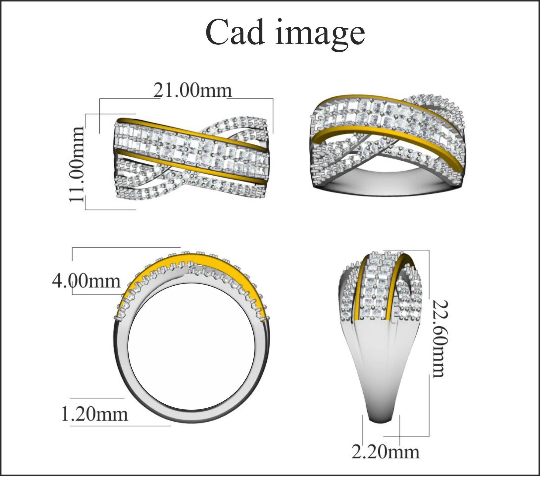 Presenting a breath-taking diamond studded criss-cross wide wedding band that is ready to shine on your fingers. The ring is crafted in 14 karat Two-toned gold and studded with 44 round brilliant and 34 princess-cut diamond in prong setting. The