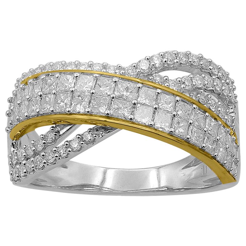 TJD 1.25 Carat Round & Princess Cut Diamond 14K Two-tone Cross over wedding Band For Sale