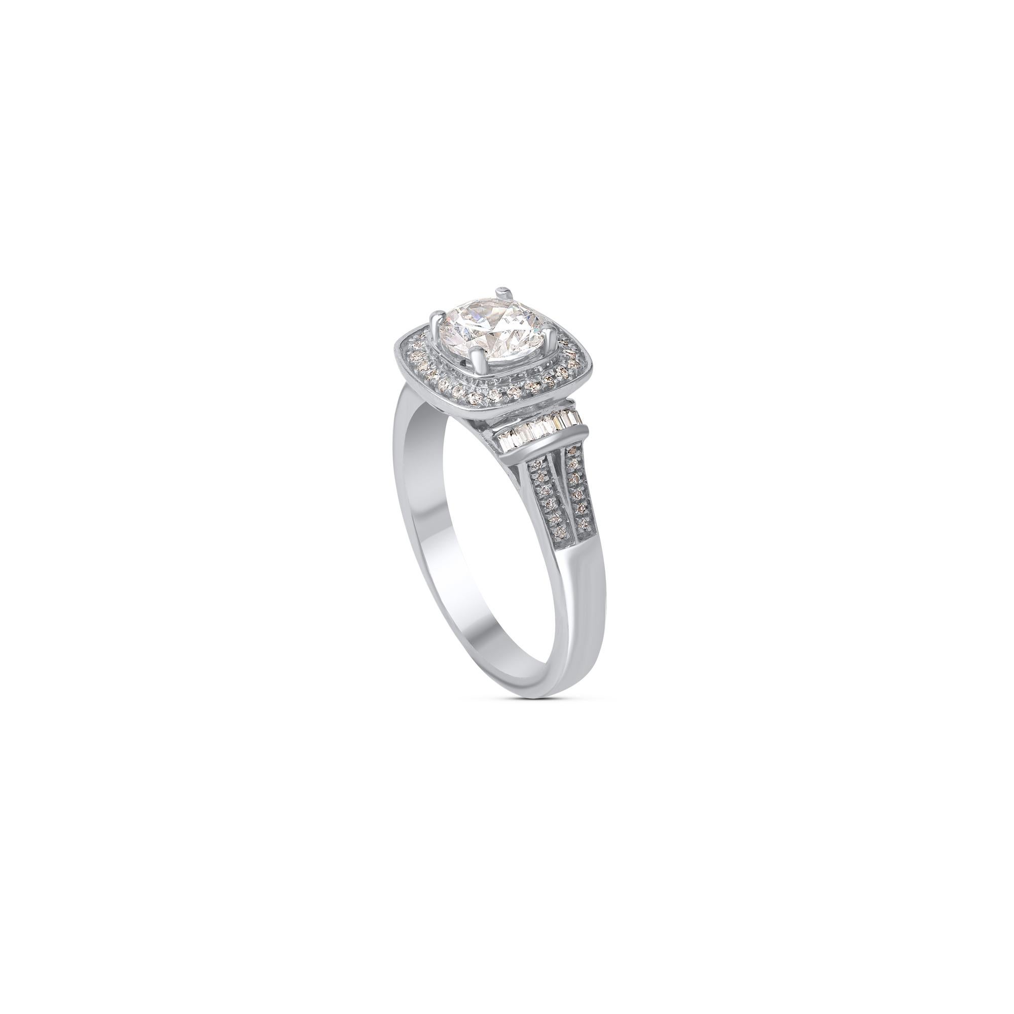 Breathtaking diamond studded engagement ring that is ready to make you shine. Designed to perfection in 18 kt white gold and glitters beautifully with 49 brilliant-cut and 14 baguette-cut diamonds embellished in prong, pave and channel setting.