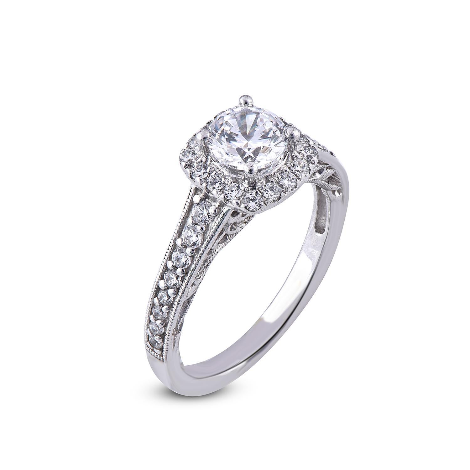 Exquisite diamond engagement ring features 0.80 ct centre stone and 0.45 ct of diamond frame and shank lined diamonds. Expertly Crafted of sparkling 18 Karat white gold in high polish finish and set with 33 sparkling round diamonds set in prong