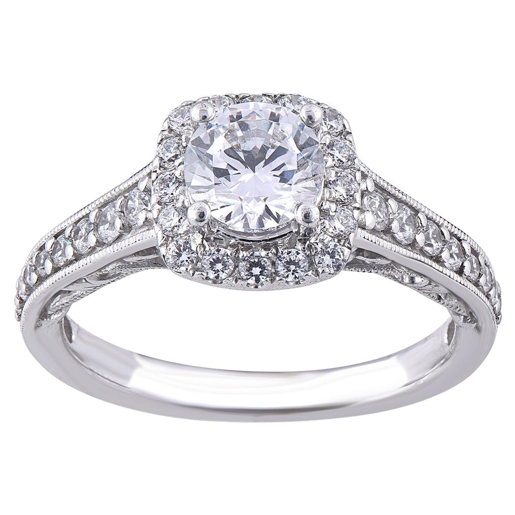 TJD 1.25 Ct Round Diamond 18KT White Gold Cushion Shape Halo Engagement Ring