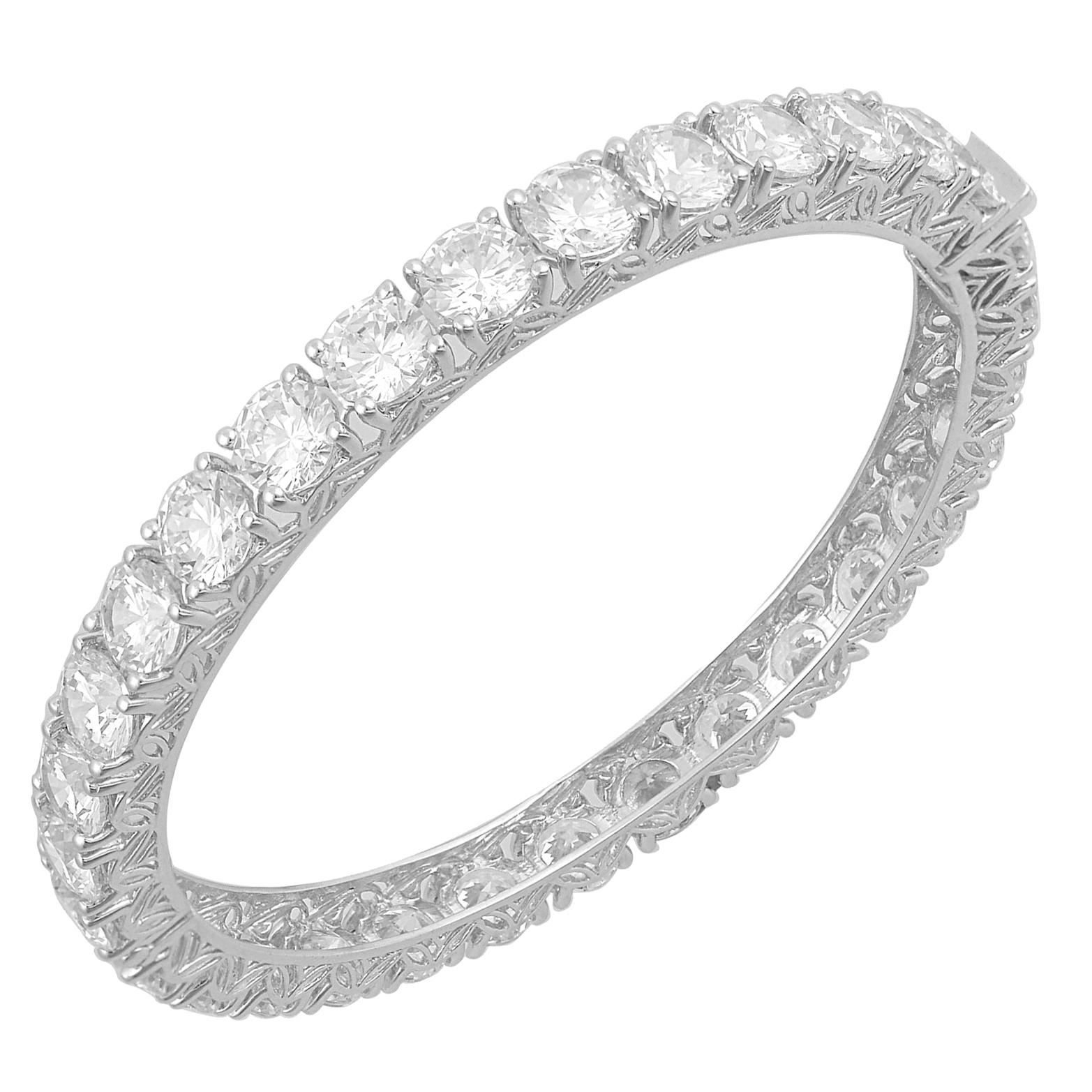 TJD 12.50 Carat Round Diamond 18K White Gold Classis Full Eternity Hinged Bangle For Sale