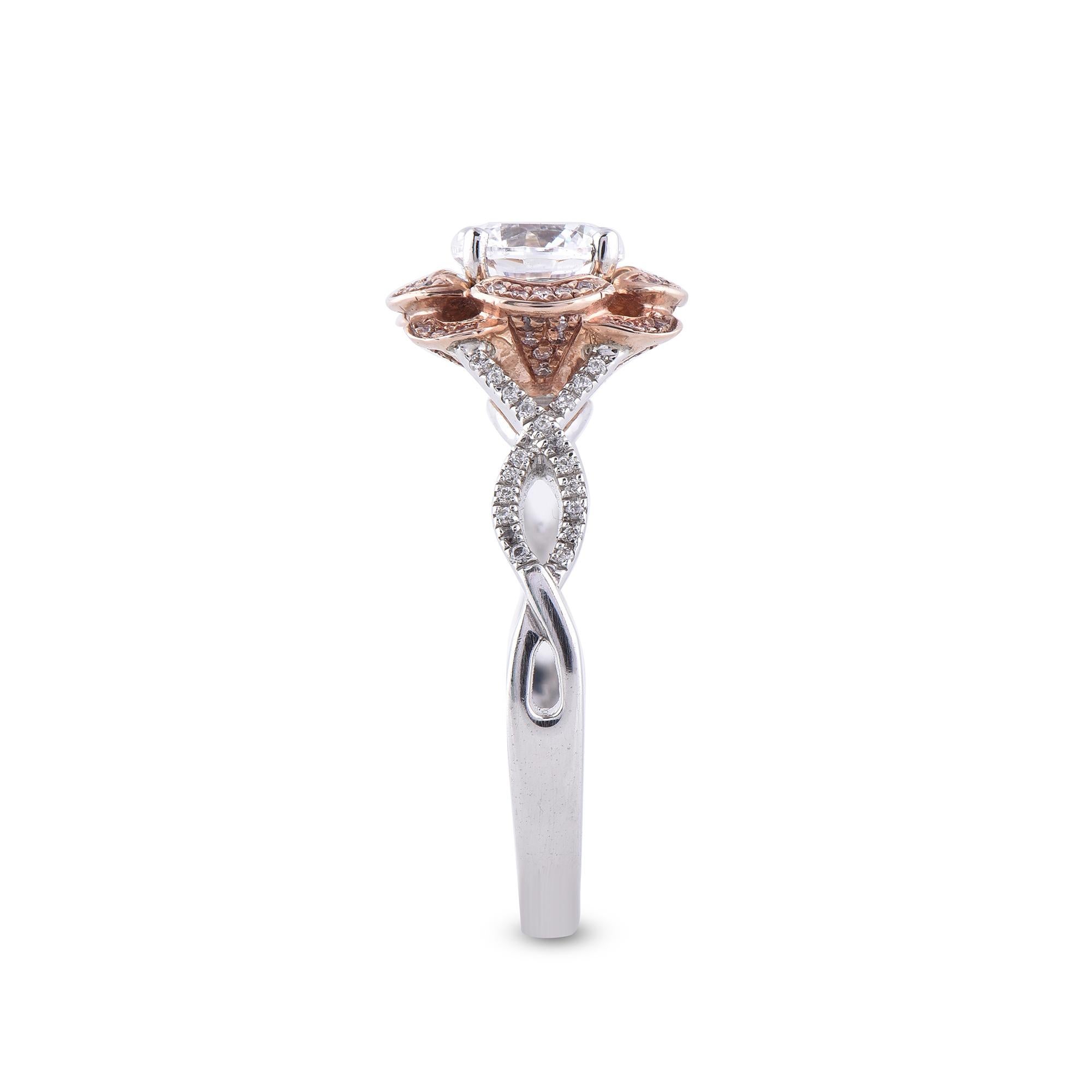 TJD 1.25Ct Nat. Pink Rosé/White Diamond 18K 2-Tone Twisted Shank Engagement Ring In New Condition For Sale In New York, NY