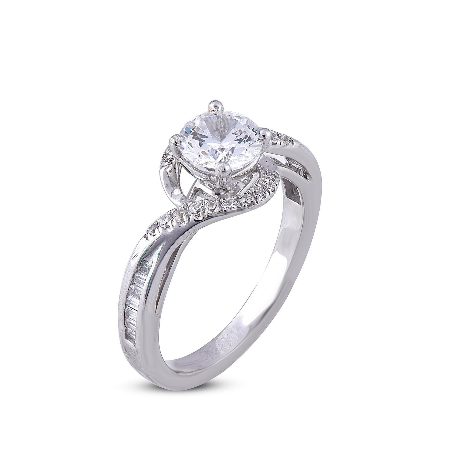 This engagement ring features in 18 Karat white gold with 1.00 ct of centre stone and 0.25 ct shank lined diamonds is beautifully designed and studded with 20 round and 16 Baguette diamond set in prong and channel setting. We only use natural, 100%