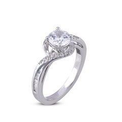 TJD 1.25Ct Round & Baguette Diamond 18KT White Gold Curved Shank Engagement Ring