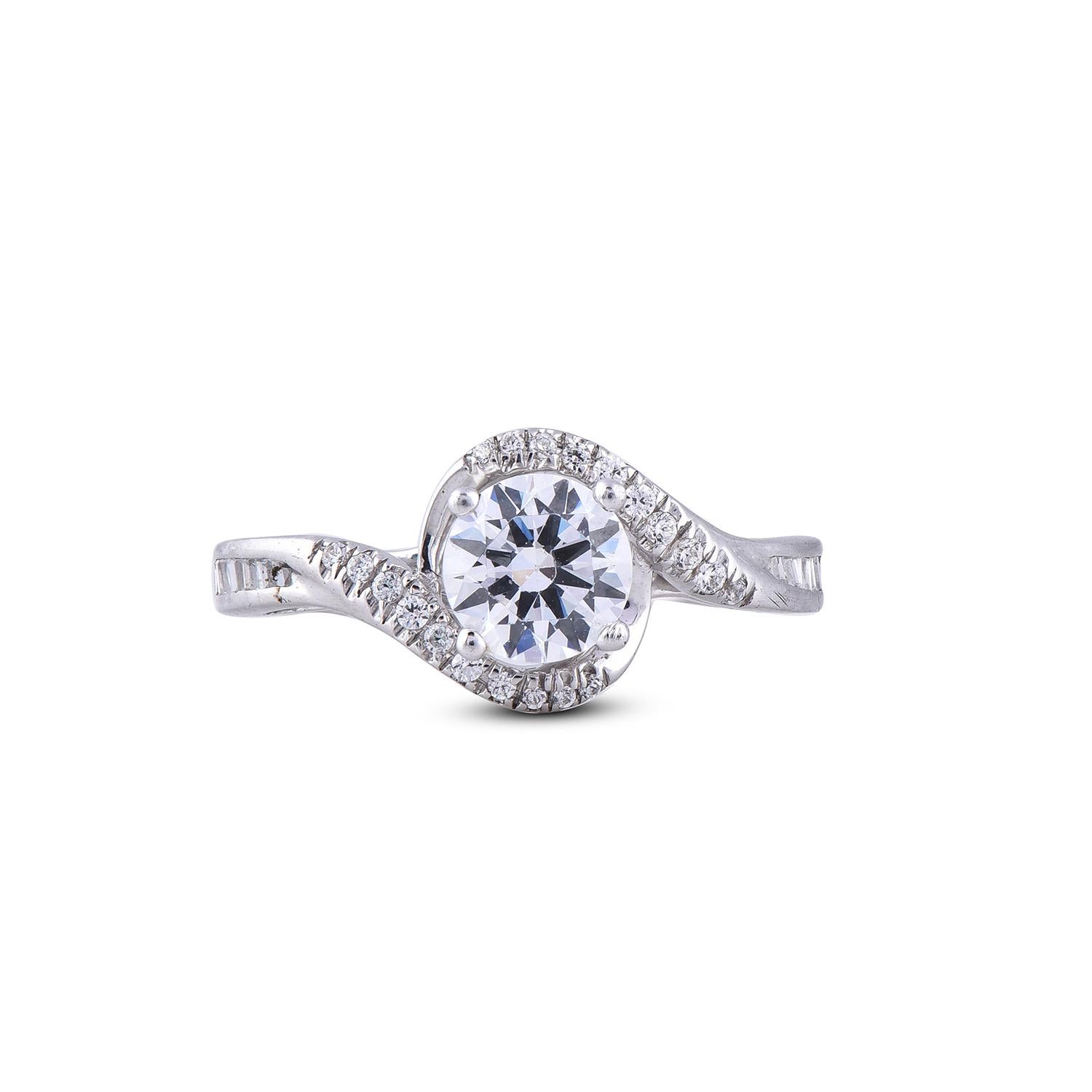 Art Deco TJD 1.25Ct Round & Baguette Diamond 18KT White Gold Curved Shank Engagement Ring For Sale