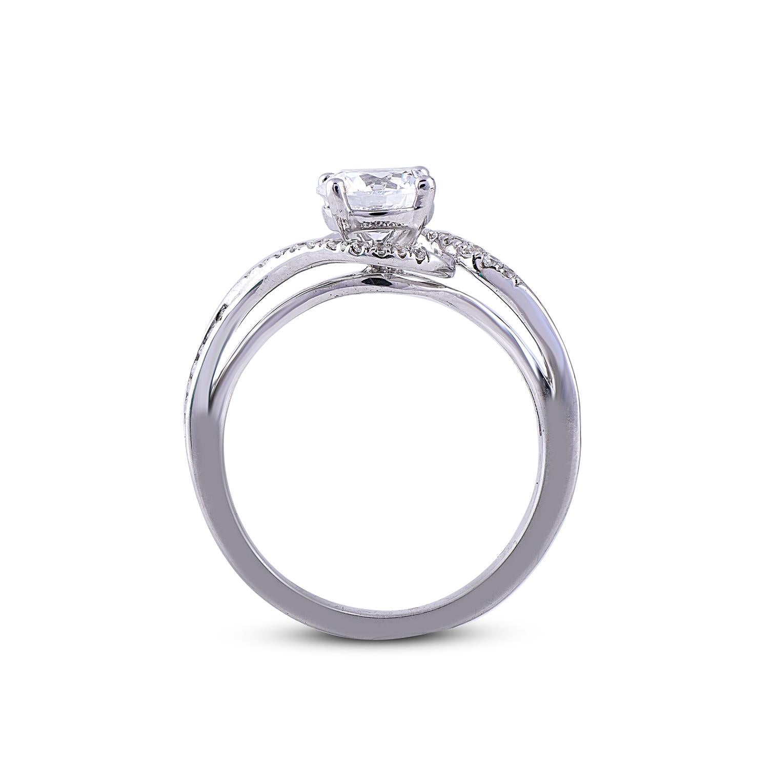 TJD Bague de fiançailles à tige incurvée en or blanc 18 carats avec diamants ronds et baguettes de 1,25 carat Pour femmes en vente