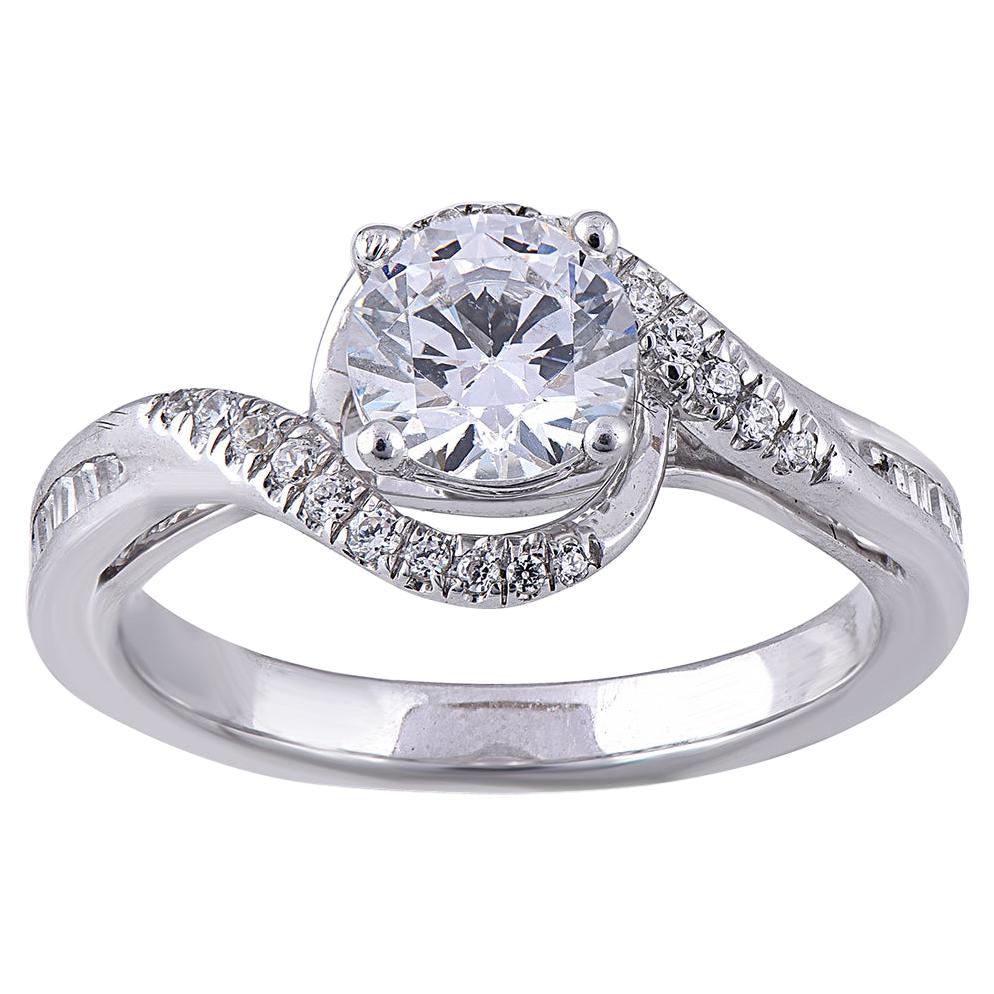 TJD 1.25Ct Round & Baguette Diamond 18KT White Gold Curved Shank Engagement Ring