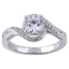 TJD 1.25Ct Round & Baguette Diamond 18KT White Gold Curved Shank Engagement Ring