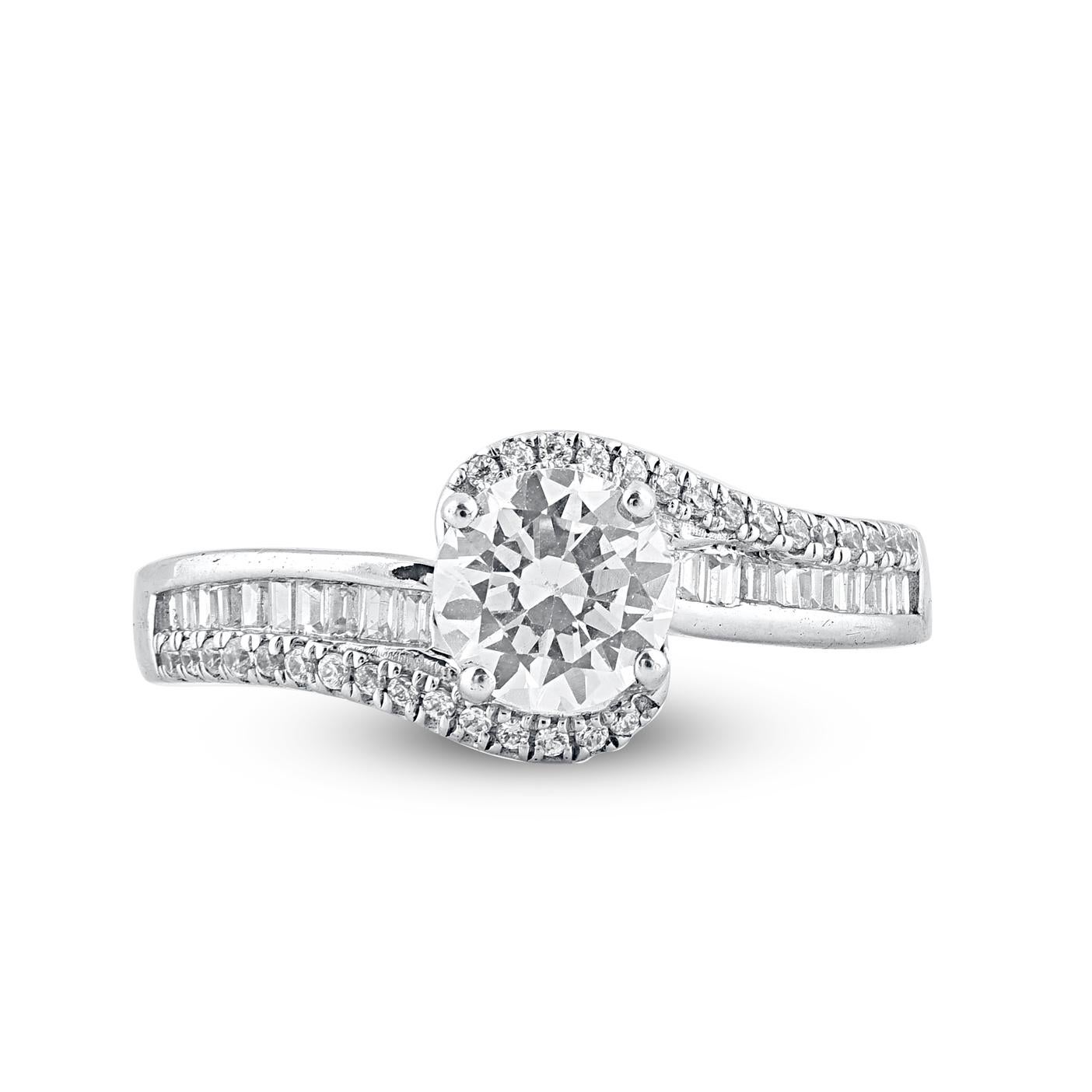 Truly exquisite, this entangled design 14KT white gold diamond engagement band ring is sure to be admired for the inherent classic beauty and elegance within its design. These diamond ring are studded with 53 single cut, brilliant cut round diamonds