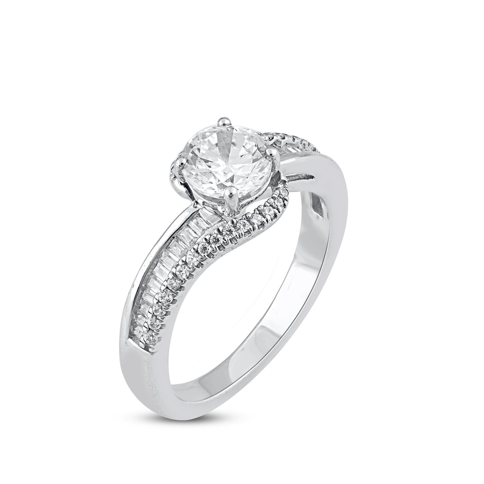 Modern TJD 1.33 Carat Round & Baguette Diamond 14KT Gold Entangled Engagement Ring For Sale