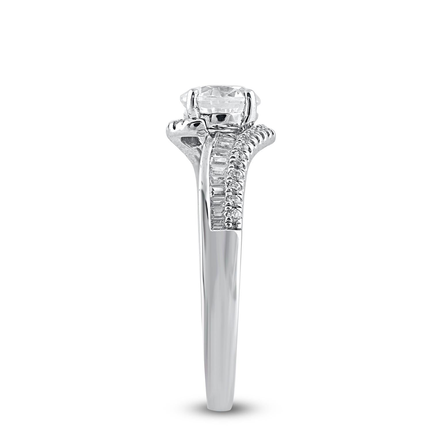 Mixed Cut TJD 1.33 Carat Round & Baguette Diamond 14KT Gold Entangled Engagement Ring For Sale